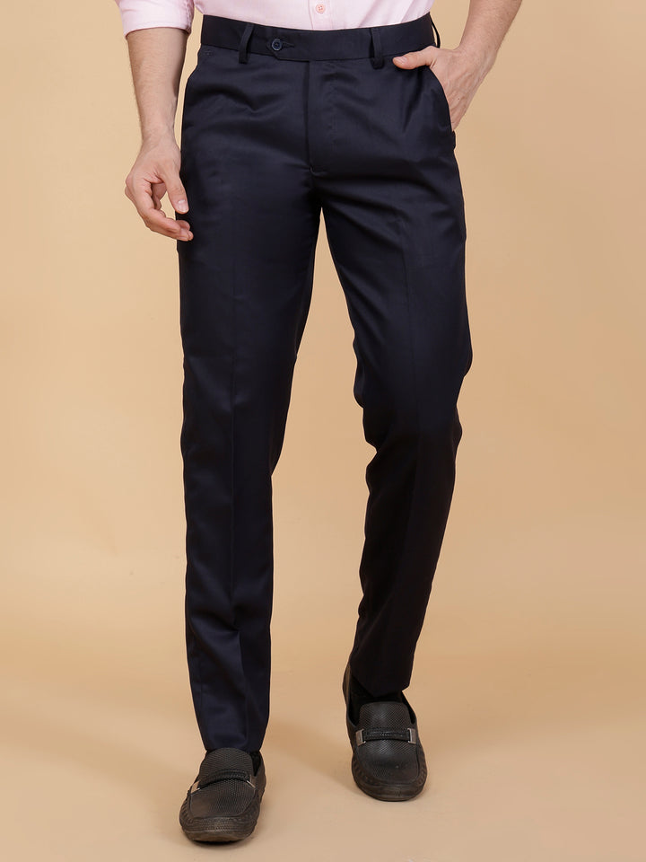 Men's Poly Viscose Lycra Blend Dark Blue Formal Trouser