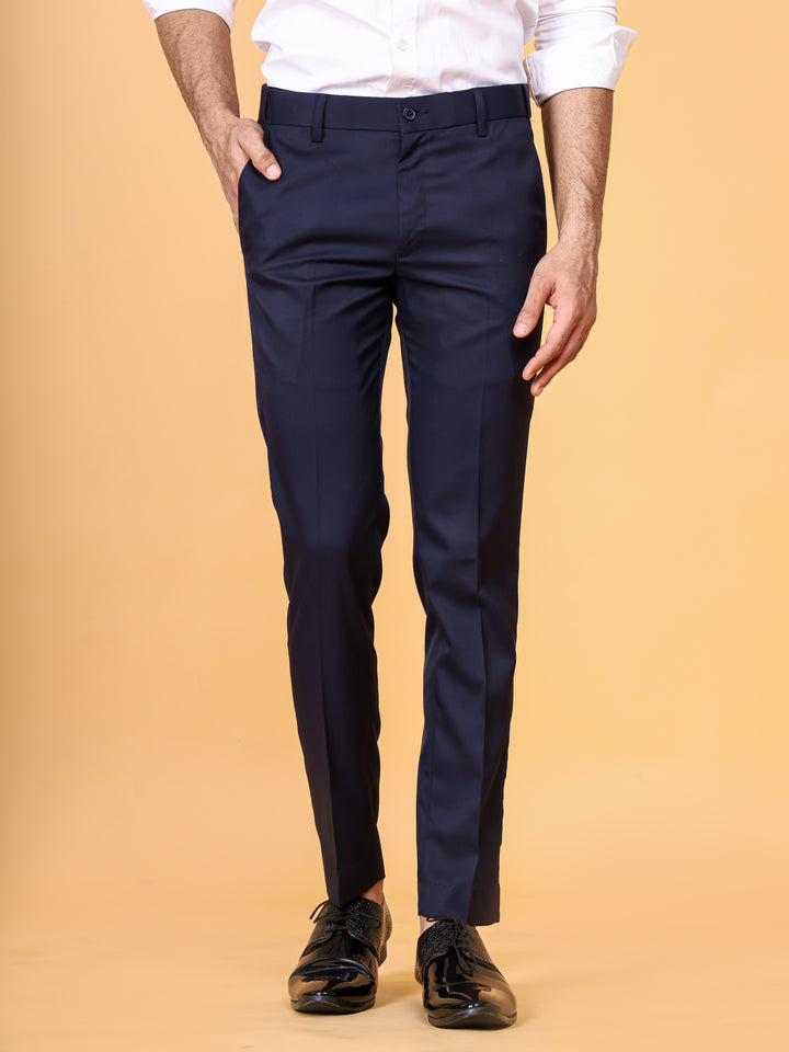 Men's Navy Blue Lycra Blend Formal Trouser