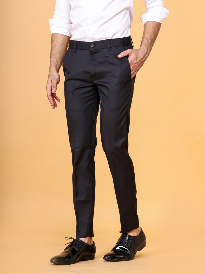 Men's Black Lycra Blend Formal Trouser