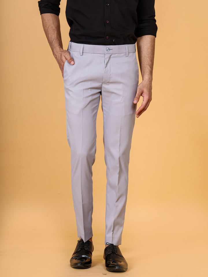 Men's Light Grey Lycra Blend Formal Trouser